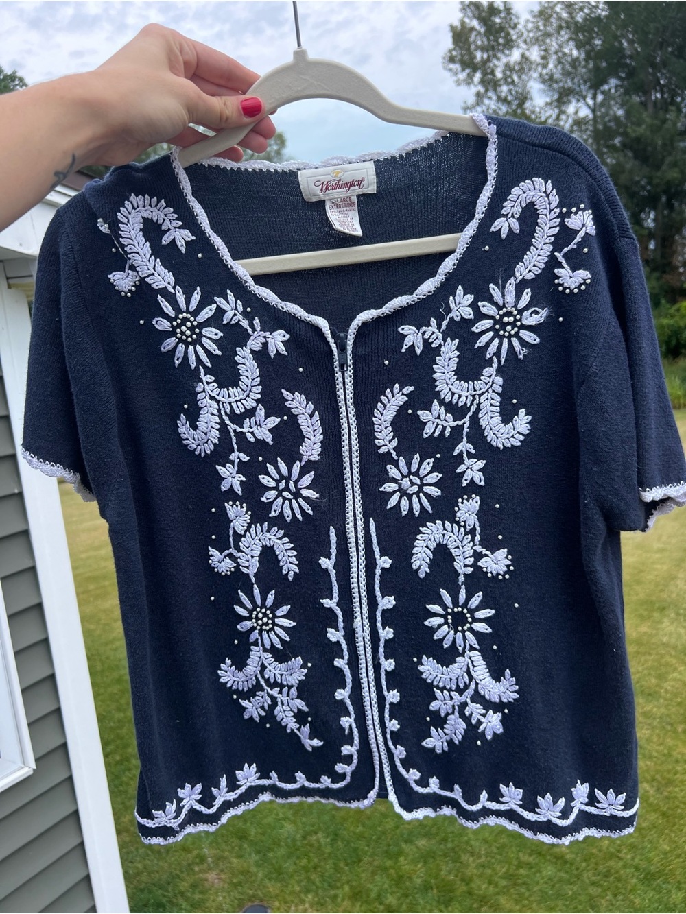 Vintage Worthington Navy Floral Embroidered Beaded Zip Cardigan Short Sleeve XL